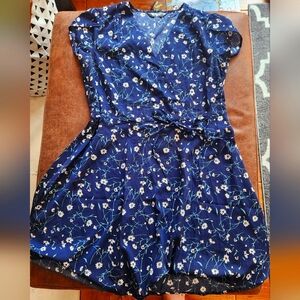 Allegra K Navy Floral Faux Wrap Mini Dress